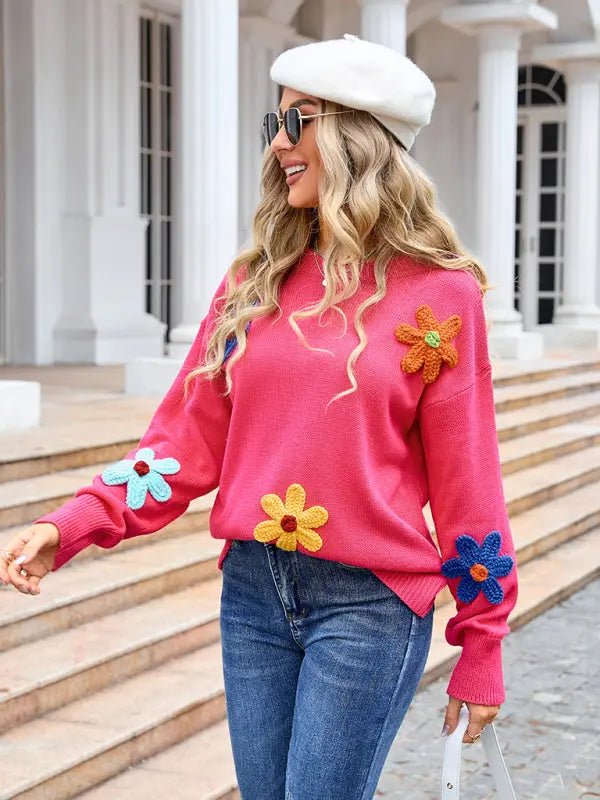 Ladies new floral loose round neck sweaterfloral loose round neck sweater