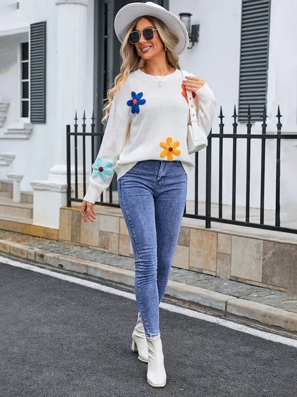 Ladies new floral loose round neck sweaterfloral loose round neck sweater