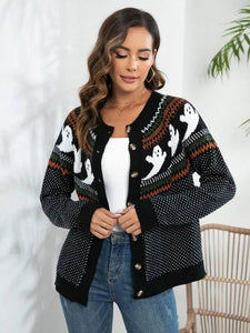 New Halloween ghost retro polka dot long sleeve knitted cardigan sweatHalloween ghost retro polka dot long sleeve knitted cardigan sweater