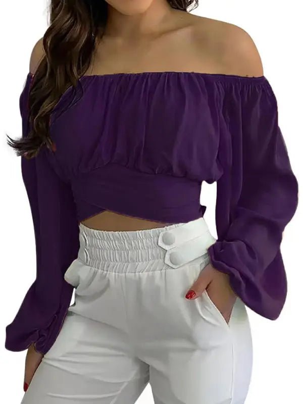 Off-Shoulder Cross Strap Long Sleeve Top - Celeste