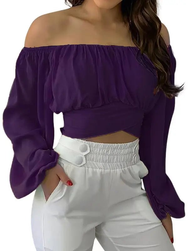 Off-Shoulder Cross Strap Long Sleeve Top - Celeste