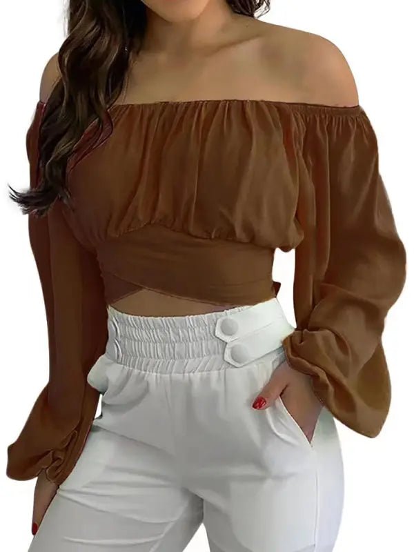 Off-Shoulder Cross Strap Long Sleeve Top - Celeste