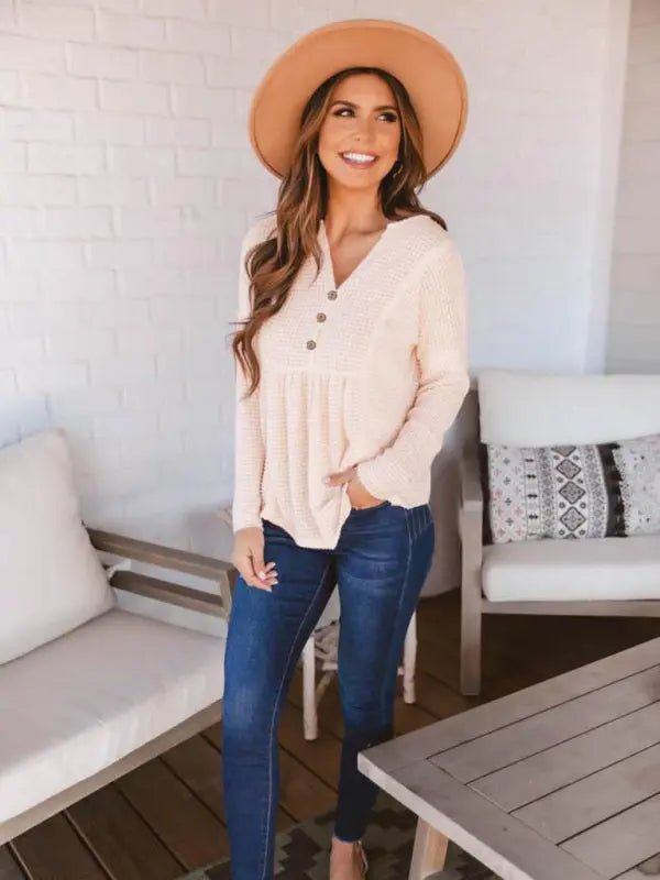 Open Button V-Neck Knit Long Sleeve Top - Celeste