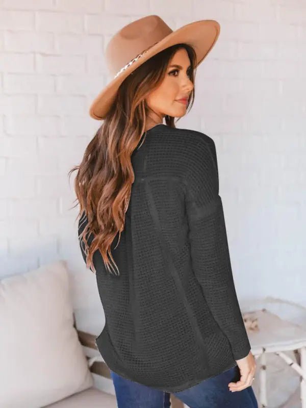 Open Button V-Neck Knit Long Sleeve Top - Celeste