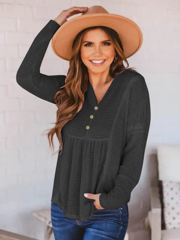 Open Button V-Neck Knit Long Sleeve Top - Celeste