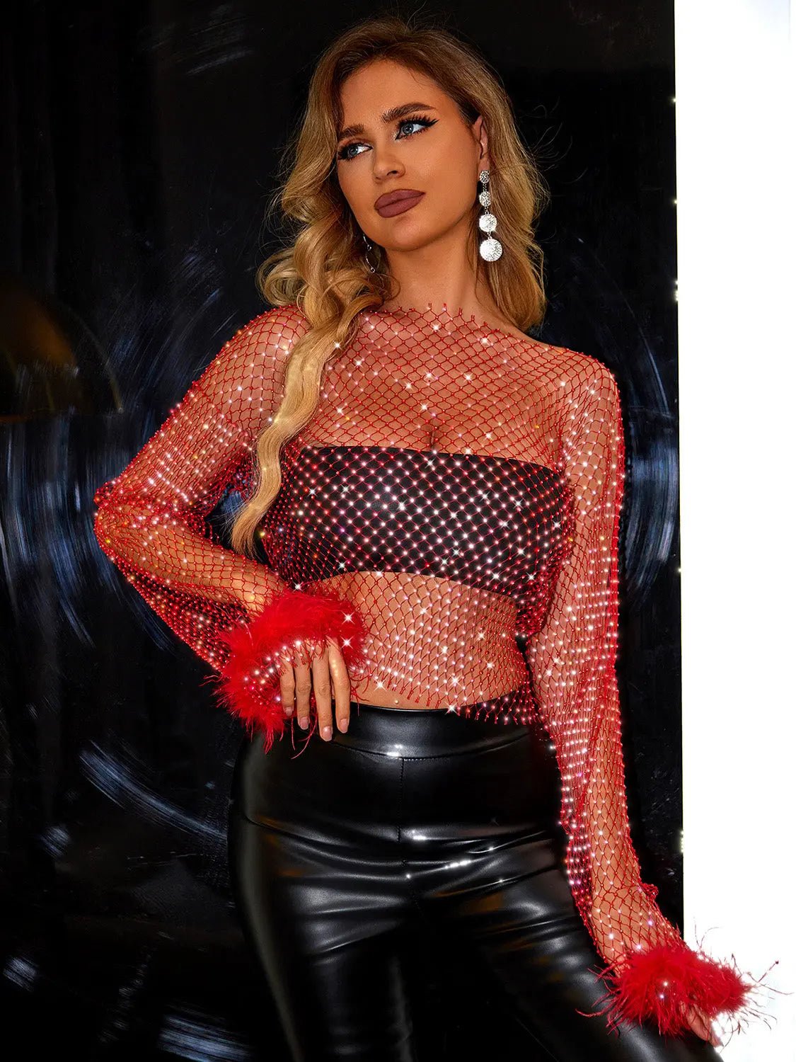 Openwork Long Sleeve Blouse - Celeste