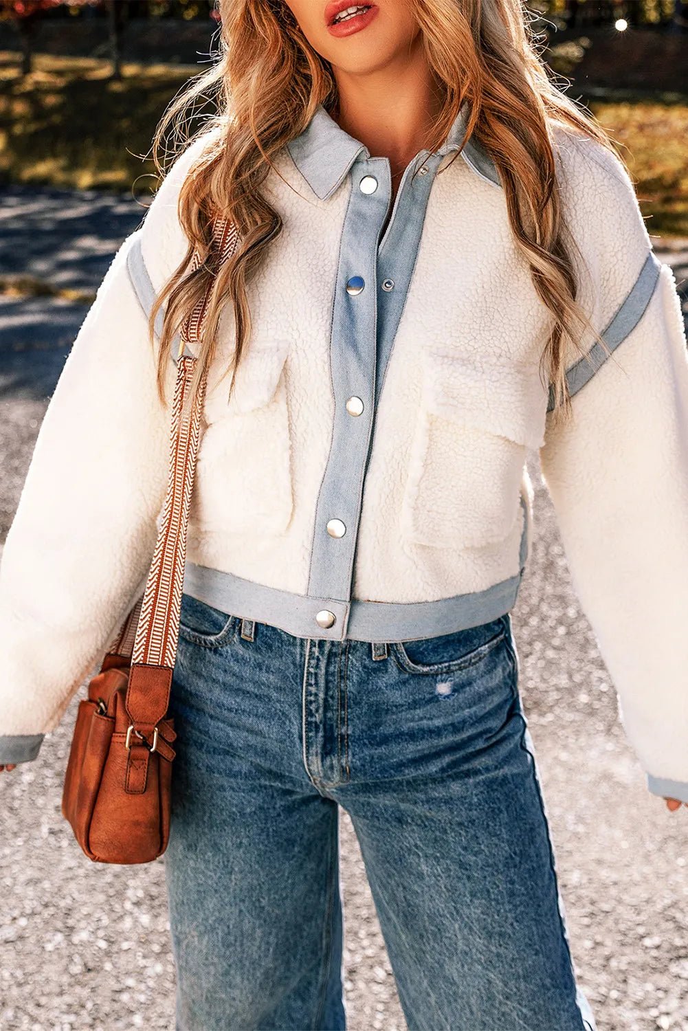Snap Down Splicing Long Sleeve Jacket - Celeste