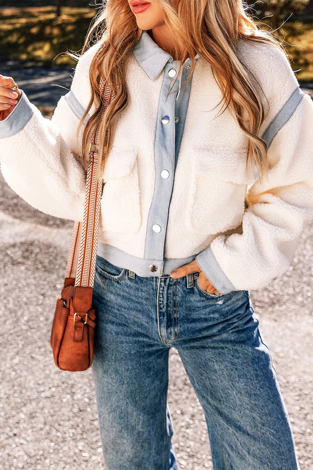 Snap Down Splicing Long Sleeve Jacket - Celeste