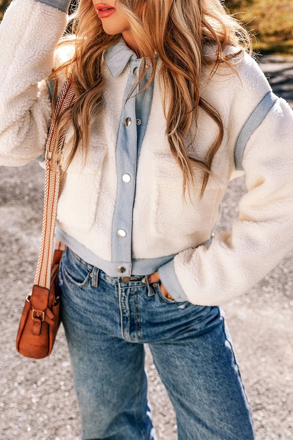 Snap Down Splicing Long Sleeve Jacket - Celeste