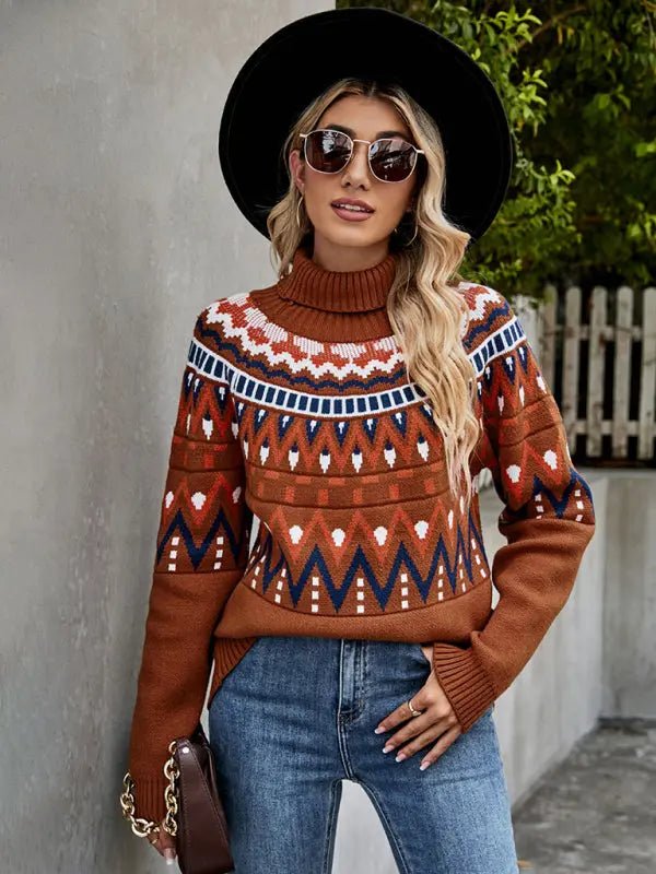 Striped Vintage Turtle-Neck Sweater - Celeste