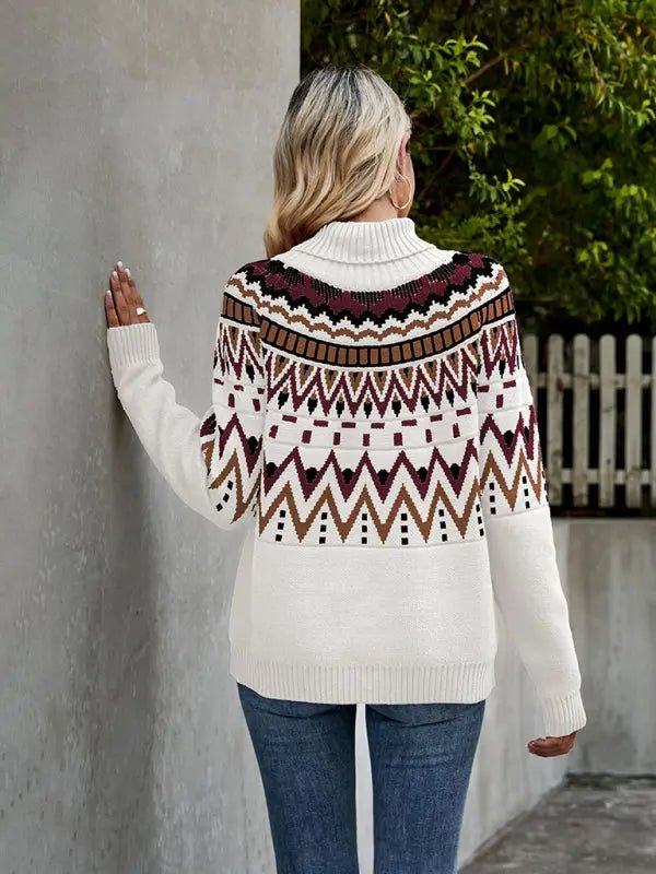 Striped Vintage Turtle-Neck Sweater - Celeste