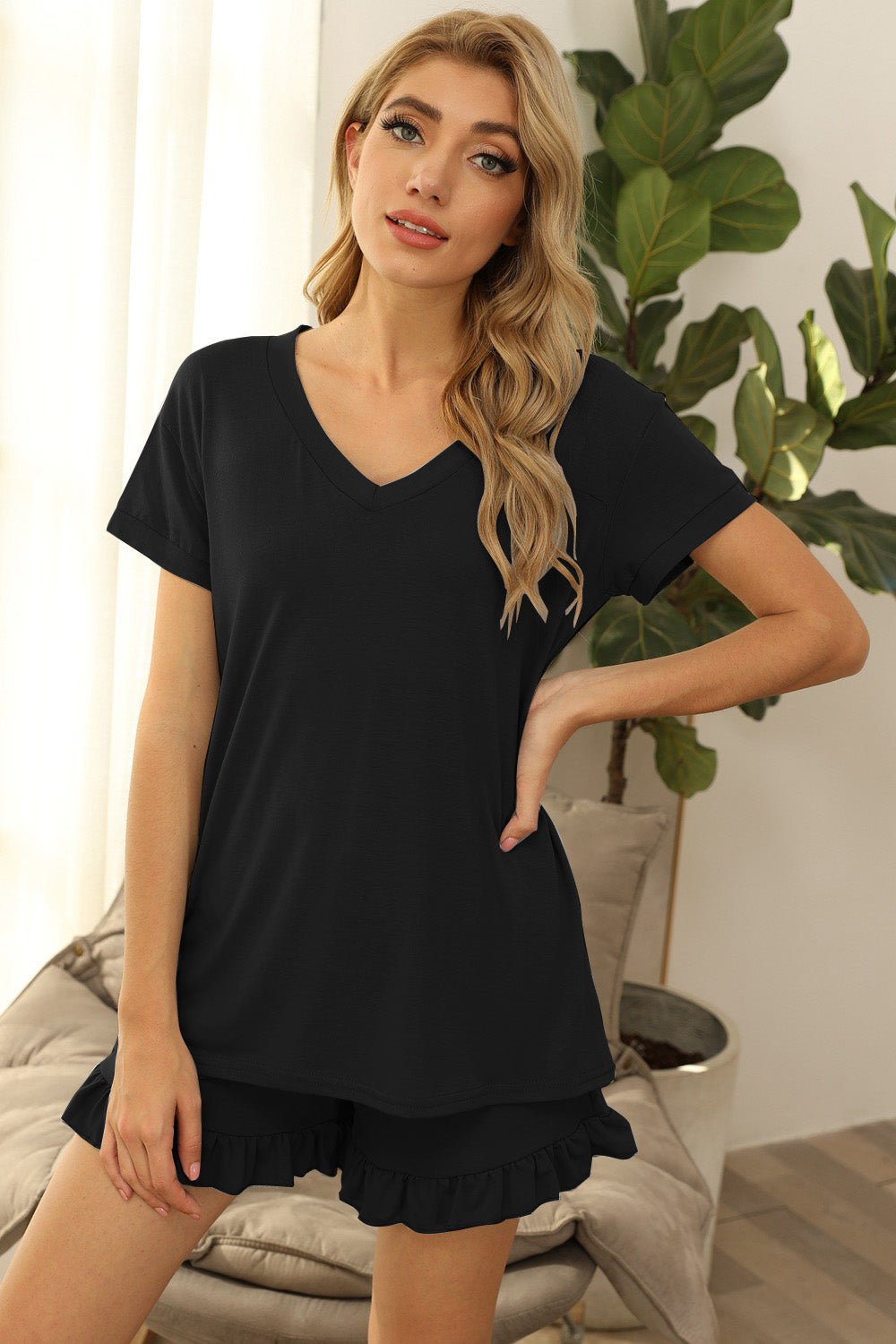 V-Neck Short Sleeve Top and Drawstring Shorts Lounge Set - Celeste