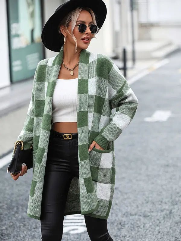 Women's Coat Loose Plaid Color Block Knit Cardigan Fashion SweaterCoat Loose Plaid Color Block Knit Cardigan Fashion Sweater