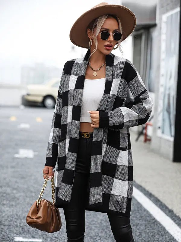 Women's Coat Loose Plaid Color Block Knit Cardigan Fashion SweaterCoat Loose Plaid Color Block Knit Cardigan Fashion Sweater