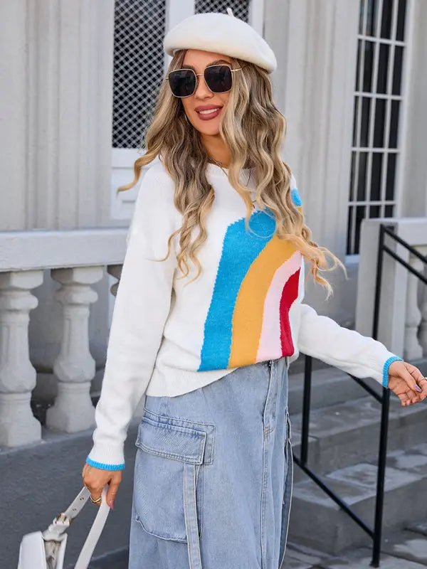 Women's Rainbow Striped Crew Neck Knitted Fashion SweaterRainbow Striped Crew Neck Knitted Fashion Sweater