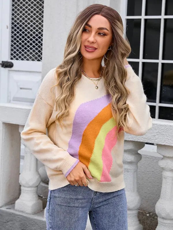 Women's Rainbow Striped Crew Neck Knitted Fashion SweaterRainbow Striped Crew Neck Knitted Fashion Sweater