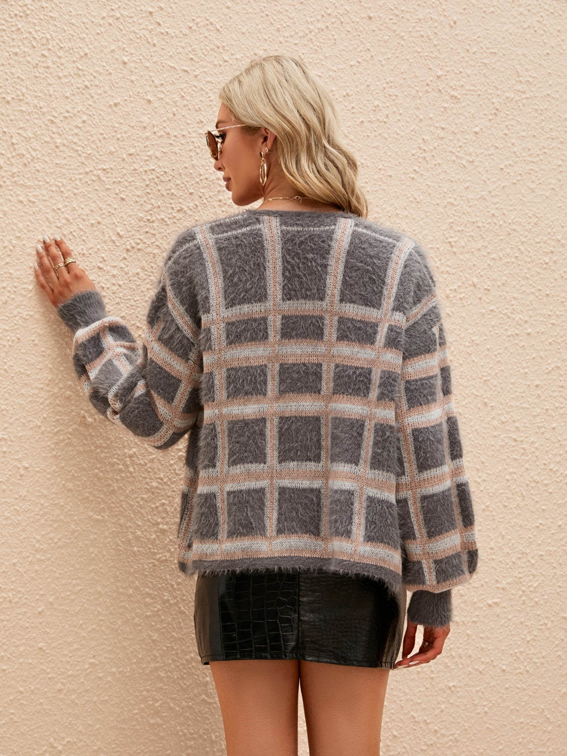 Open Front Plaid Long Sleeve Cardigan - Celeste    
