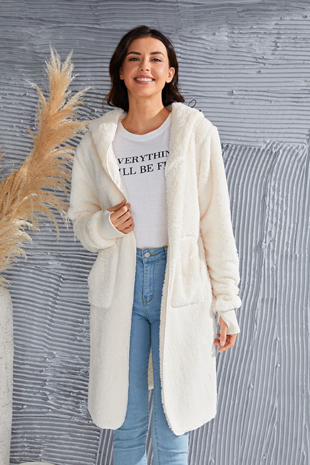 Double Take Full Size Hooded Teddy Bear Jacket with Thumbholes - Celeste    