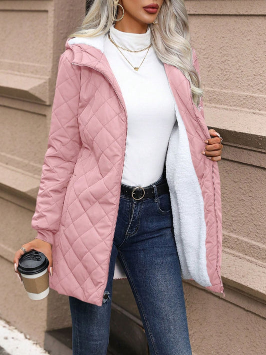 Quilted Zip Up Hooded Jacket with Pockets - Celeste    