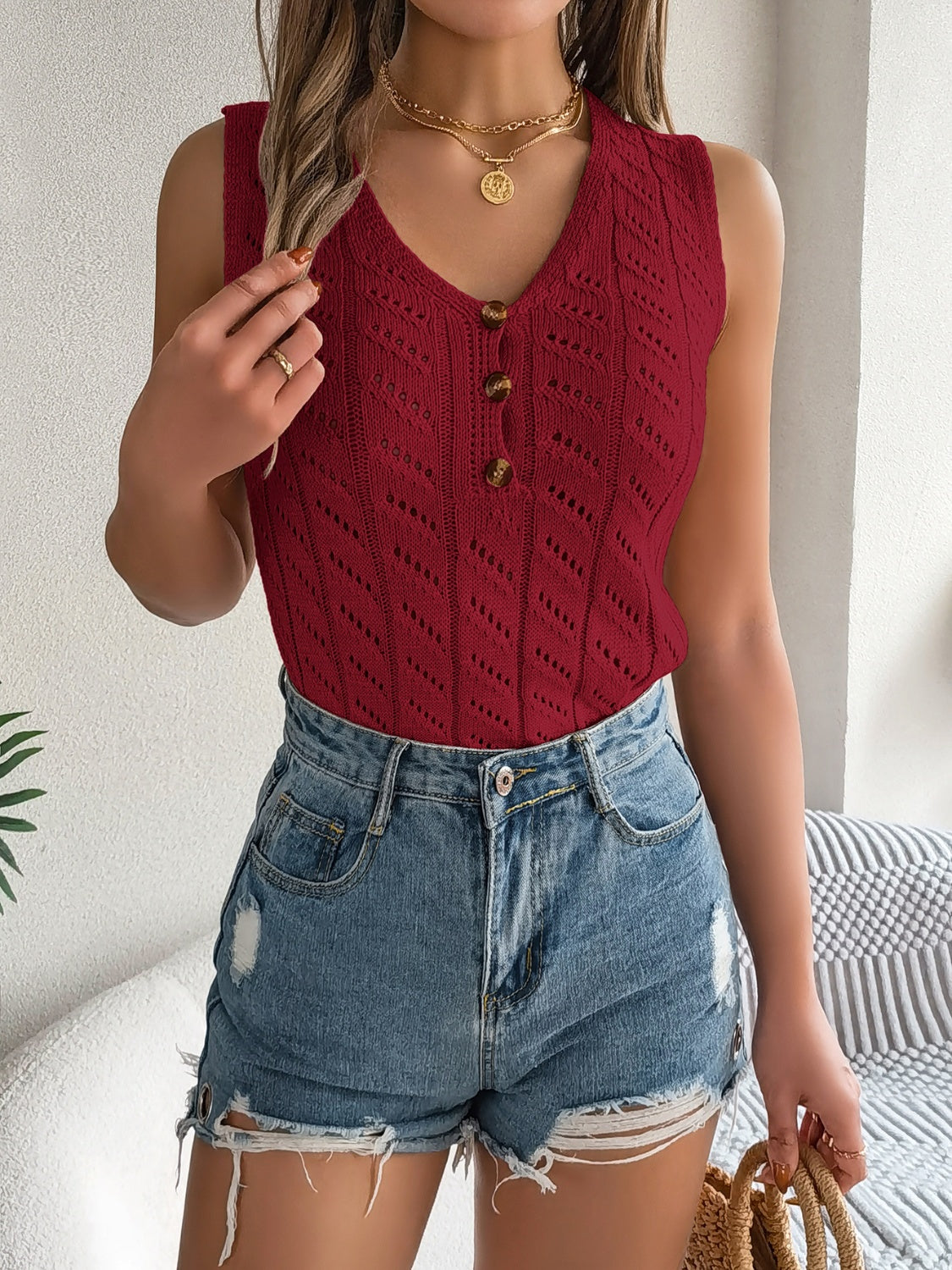 Openwork V-Neck Knit Vest - Celeste    