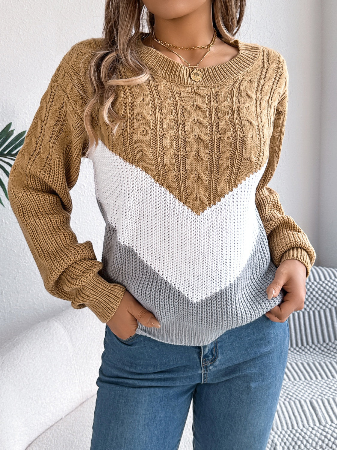 Cable-Knit Color Block Round Neck Sweater - Celeste    