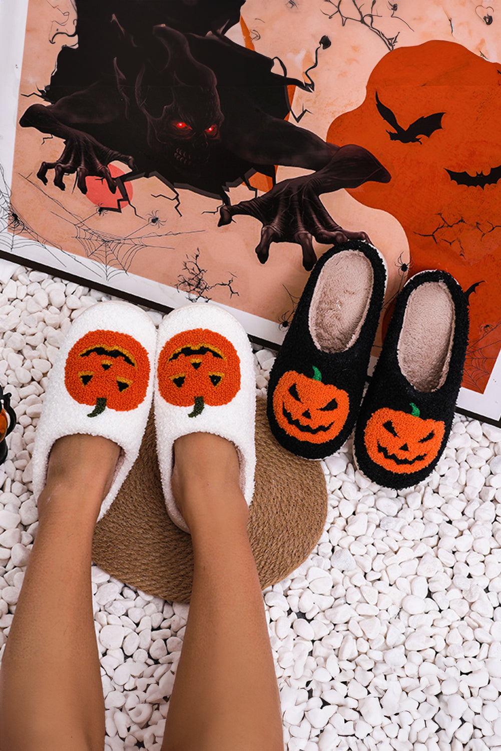 White Halloween Pumpkin Print Plush Slippers (Runs Small, Size Up) - Celeste  Shoes & Bags/Slippers  