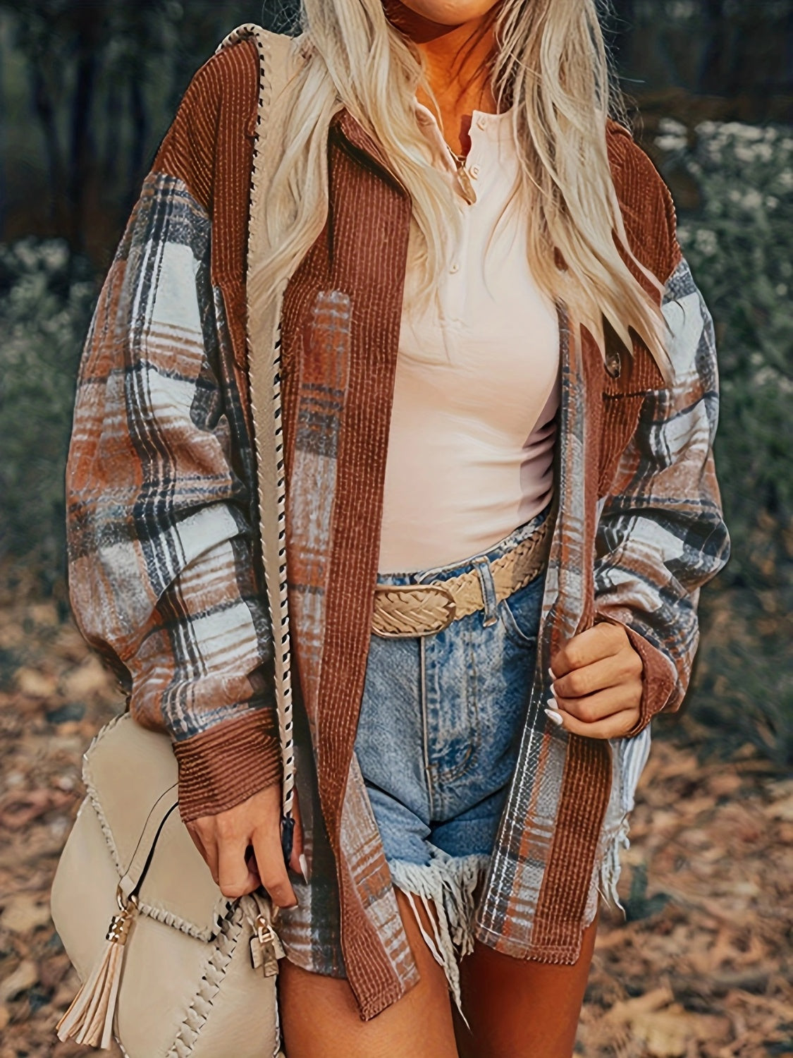 Plaid Collared Neck Button Up Shacket - Celeste    