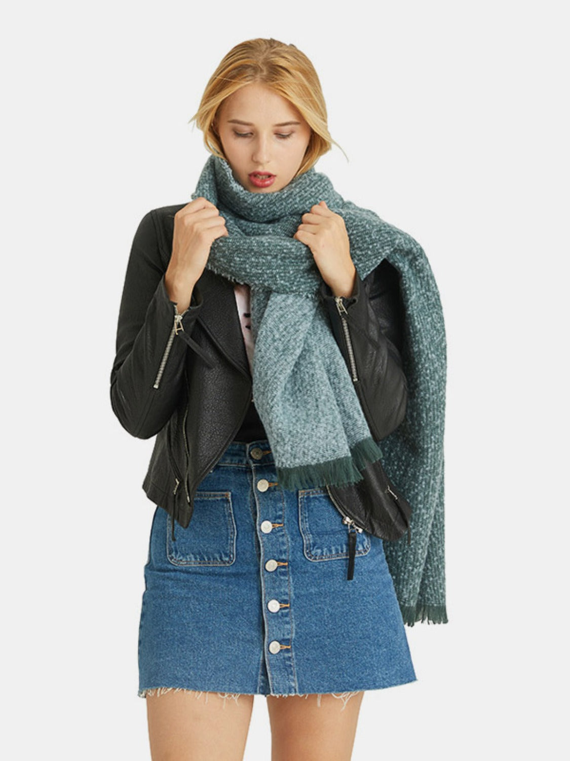 Raw Hem Heathered Polyester Scarf - Celeste    