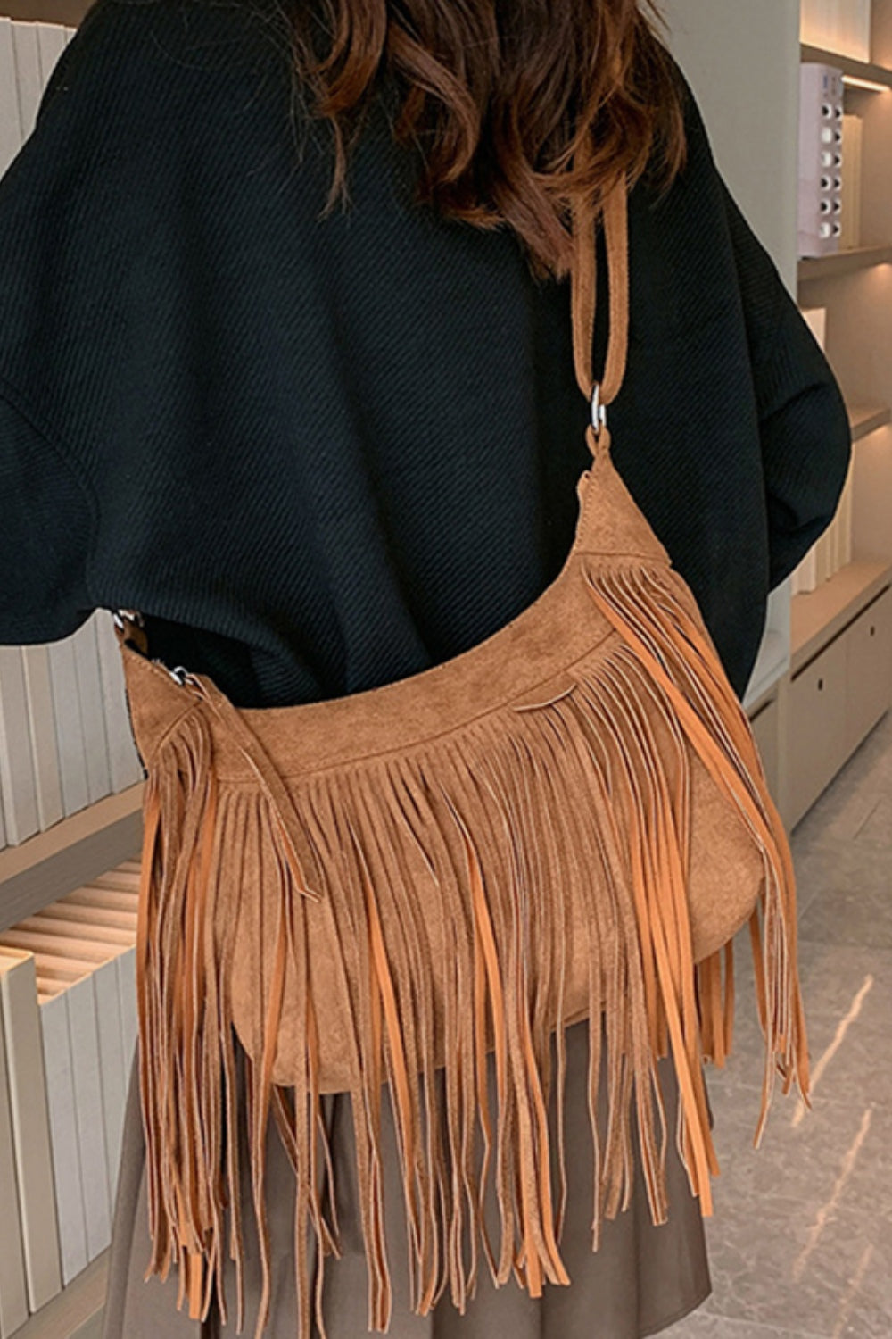 Suede Fringe Adjustable Strap Shoulder Bag - Celeste    