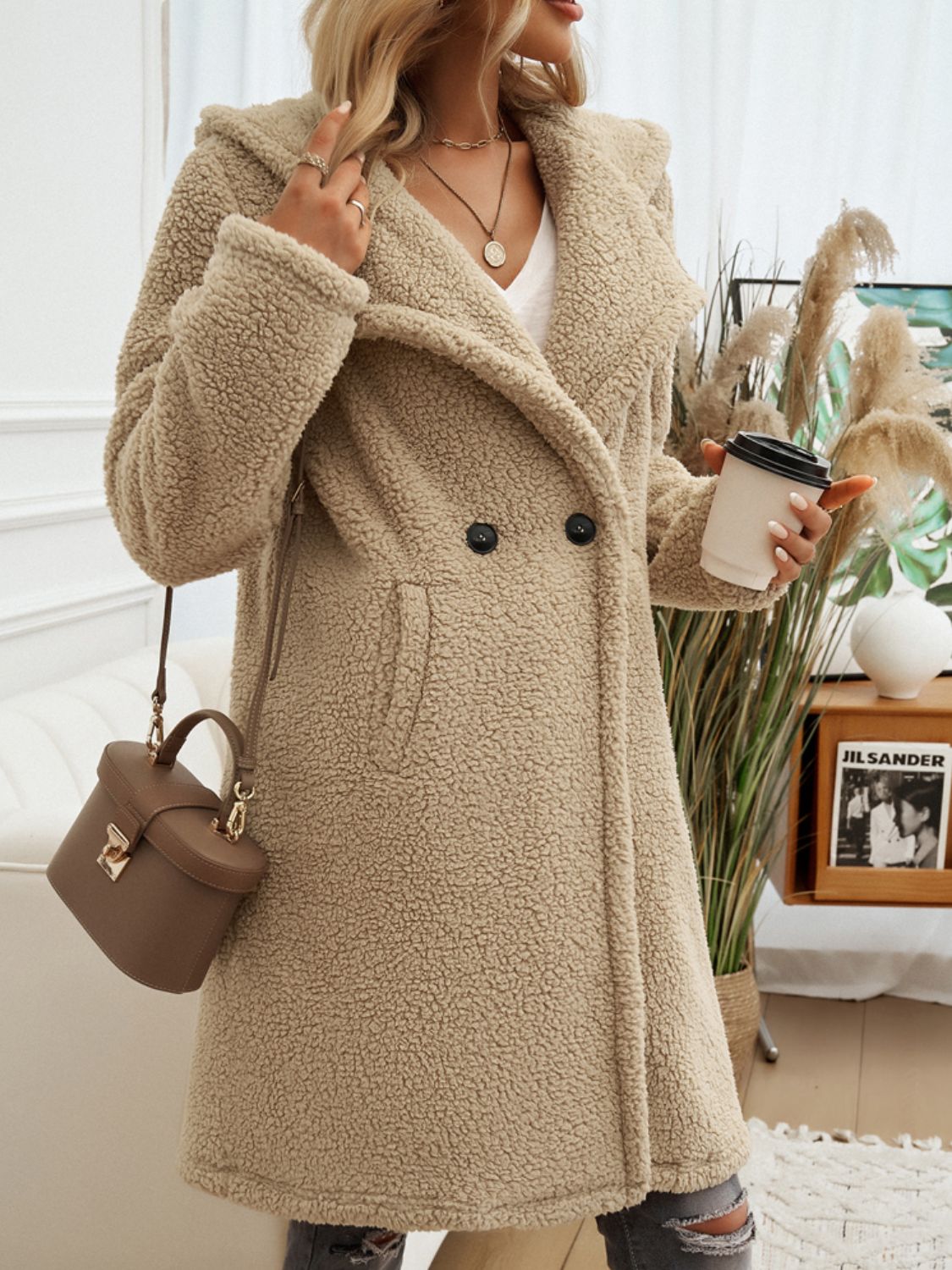 Devine Pocketed Long Sleeve Hooded Teddy Coat - Celeste    