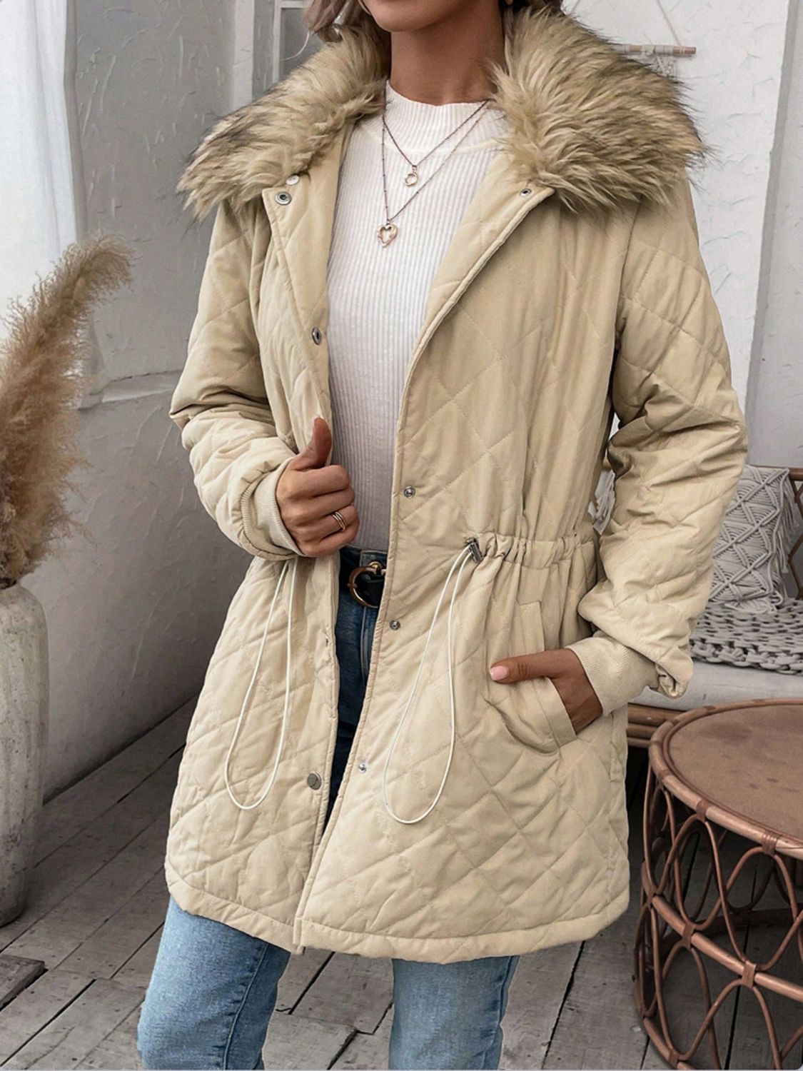 Drawstring Snap Down Long Sleeve Outerwear - Celeste    