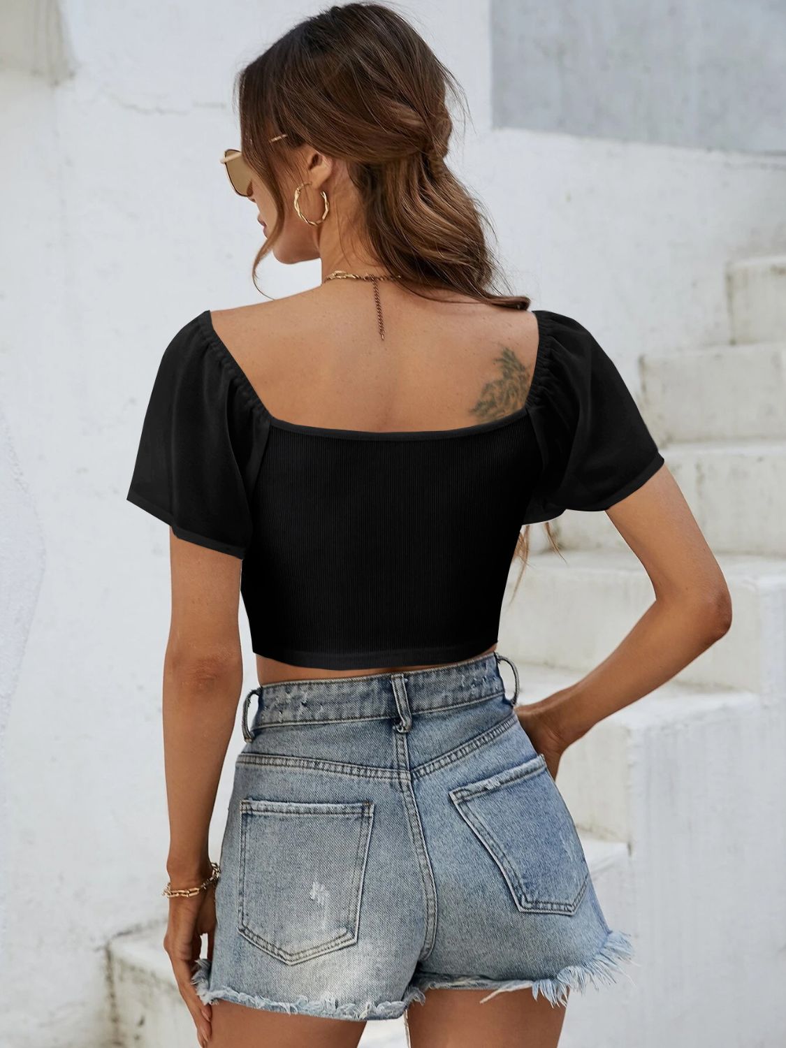 Drawstring Short Sleeve Crop Top - Celeste    