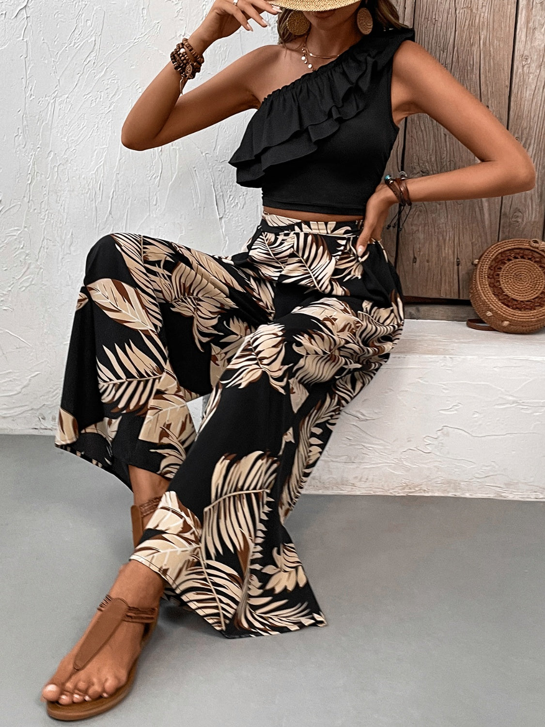 Honey Ruffled Sleeveless Top and Printed Pants Set - Celeste    