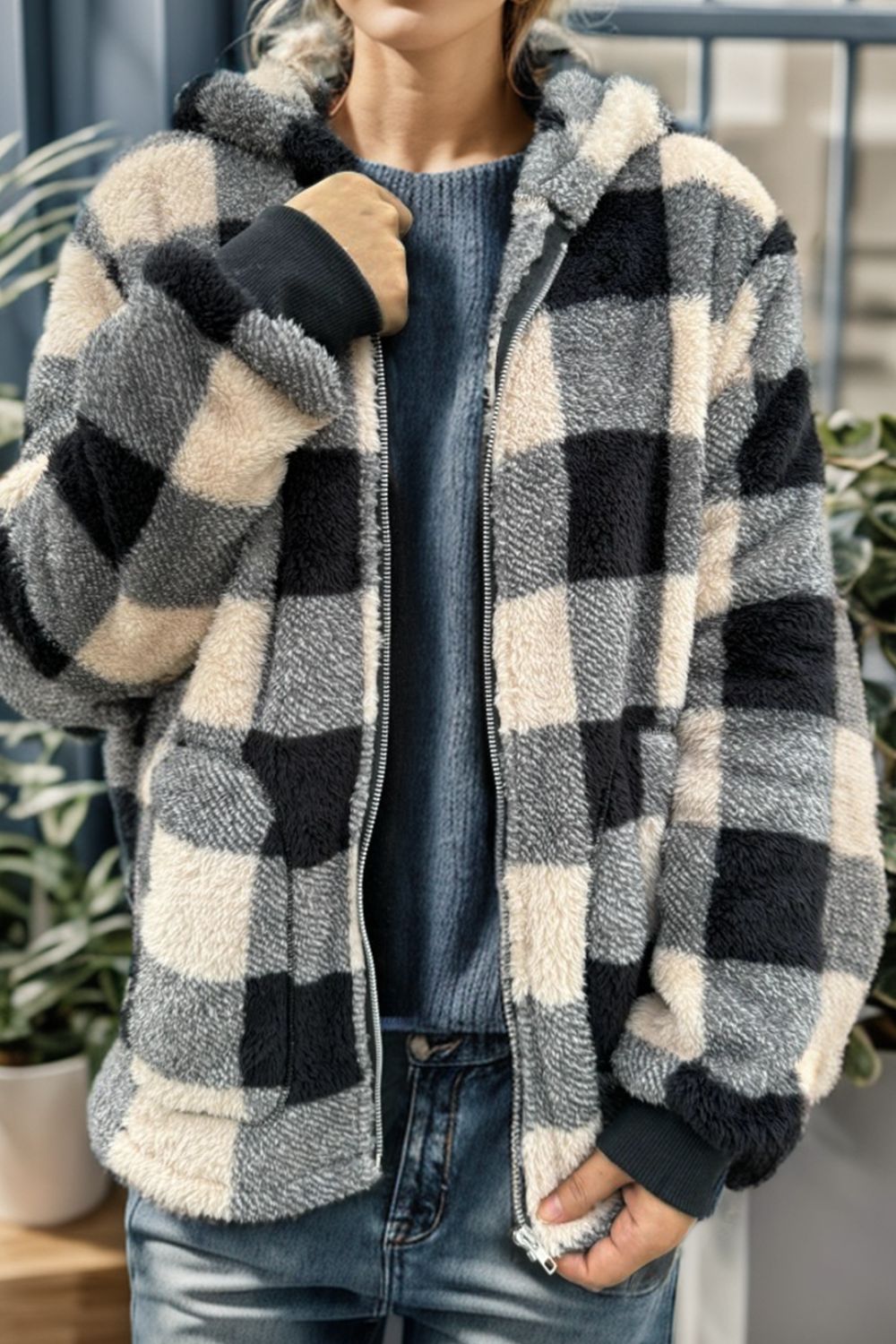 Double Take Full Size Plaid Long Sleeve Hooded Coat - Celeste    