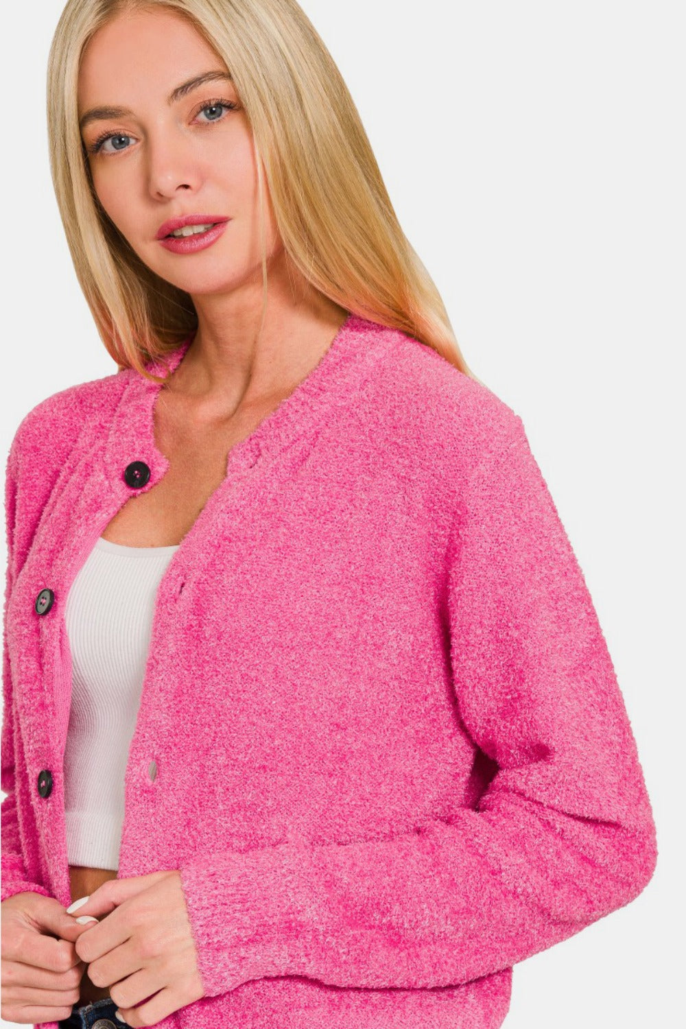 Zenana Button Down Long Sleeve Sweater Cardigan - Celeste    