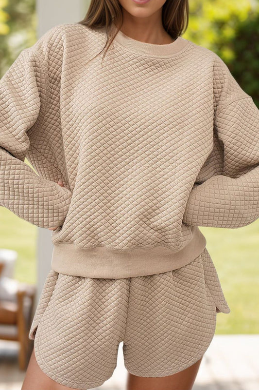 Quilted Round Neck Long Sleeve Top and Shorts Set - Celeste    