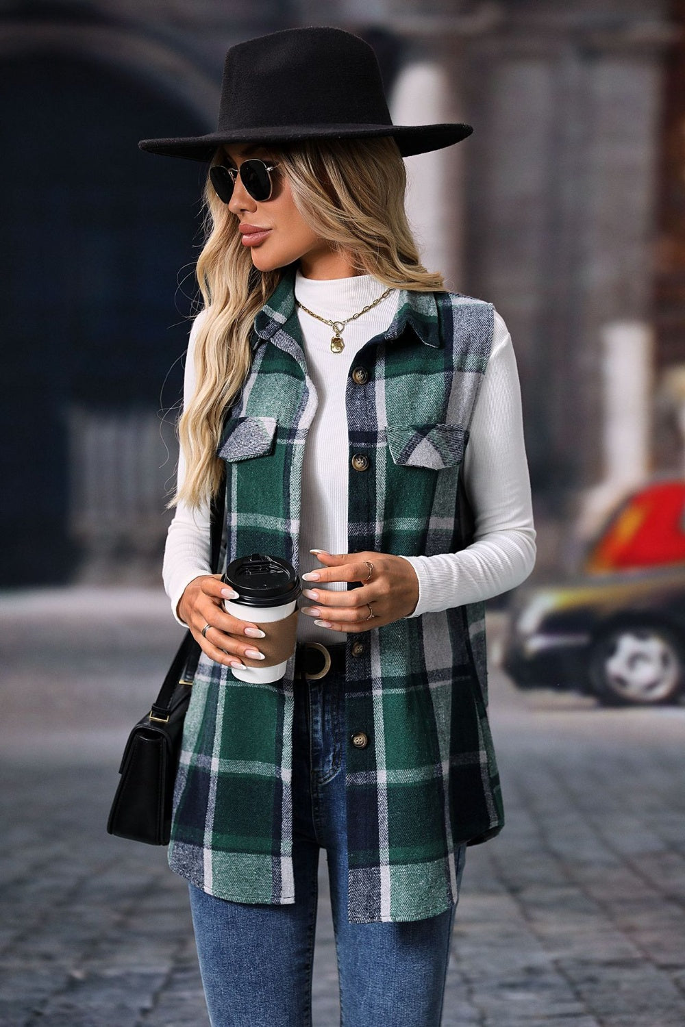 Plaid Button Up Vest Coat - Celeste    