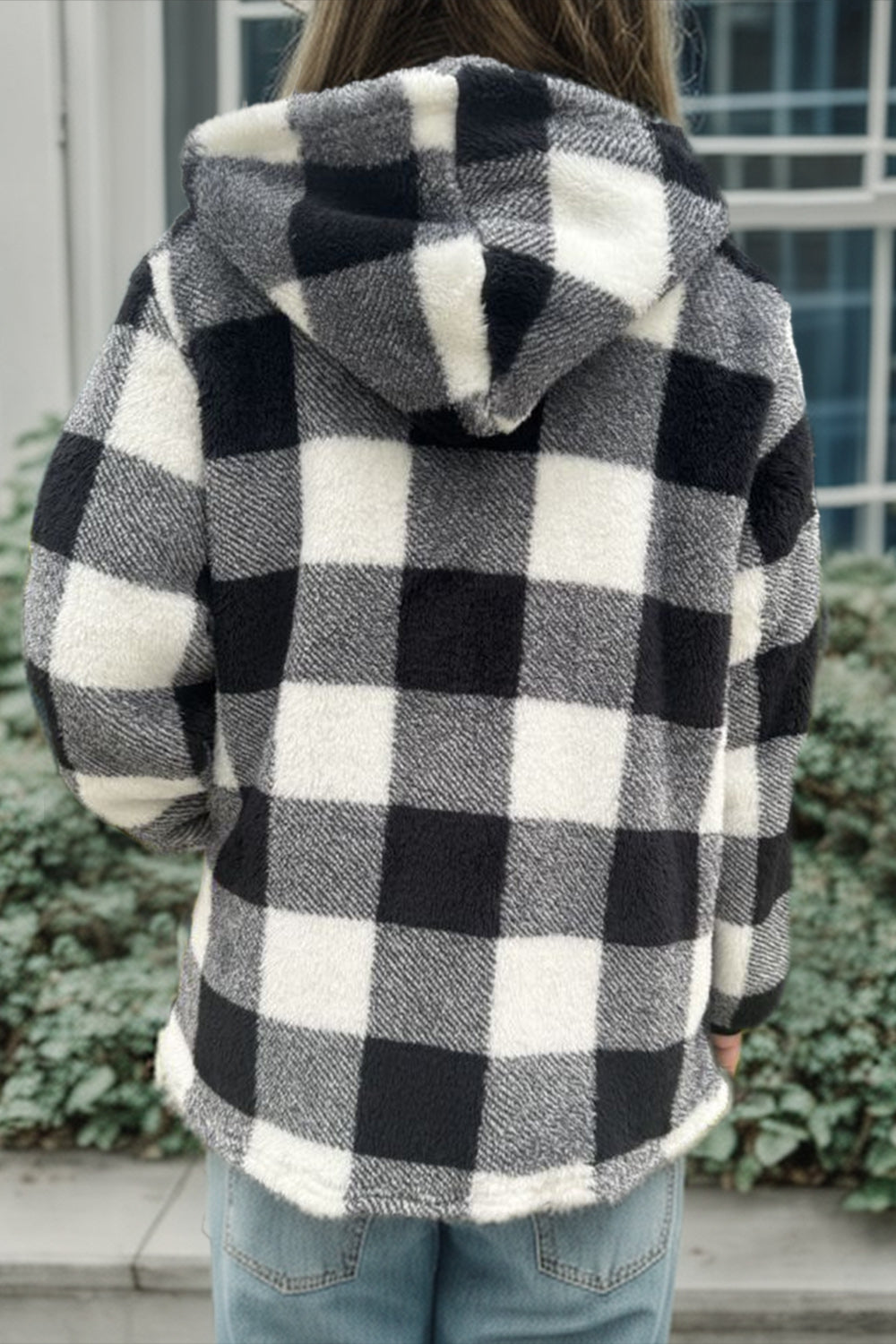 Double Take Full Size Plaid Long Sleeve Hooded Coat - Celeste    
