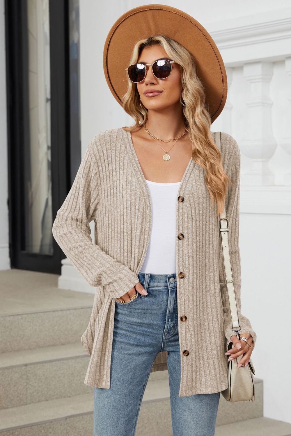 Loose Button Up Long Sleeve Cardigan - Celeste  Sweaters & Cardigans/Cardigans  