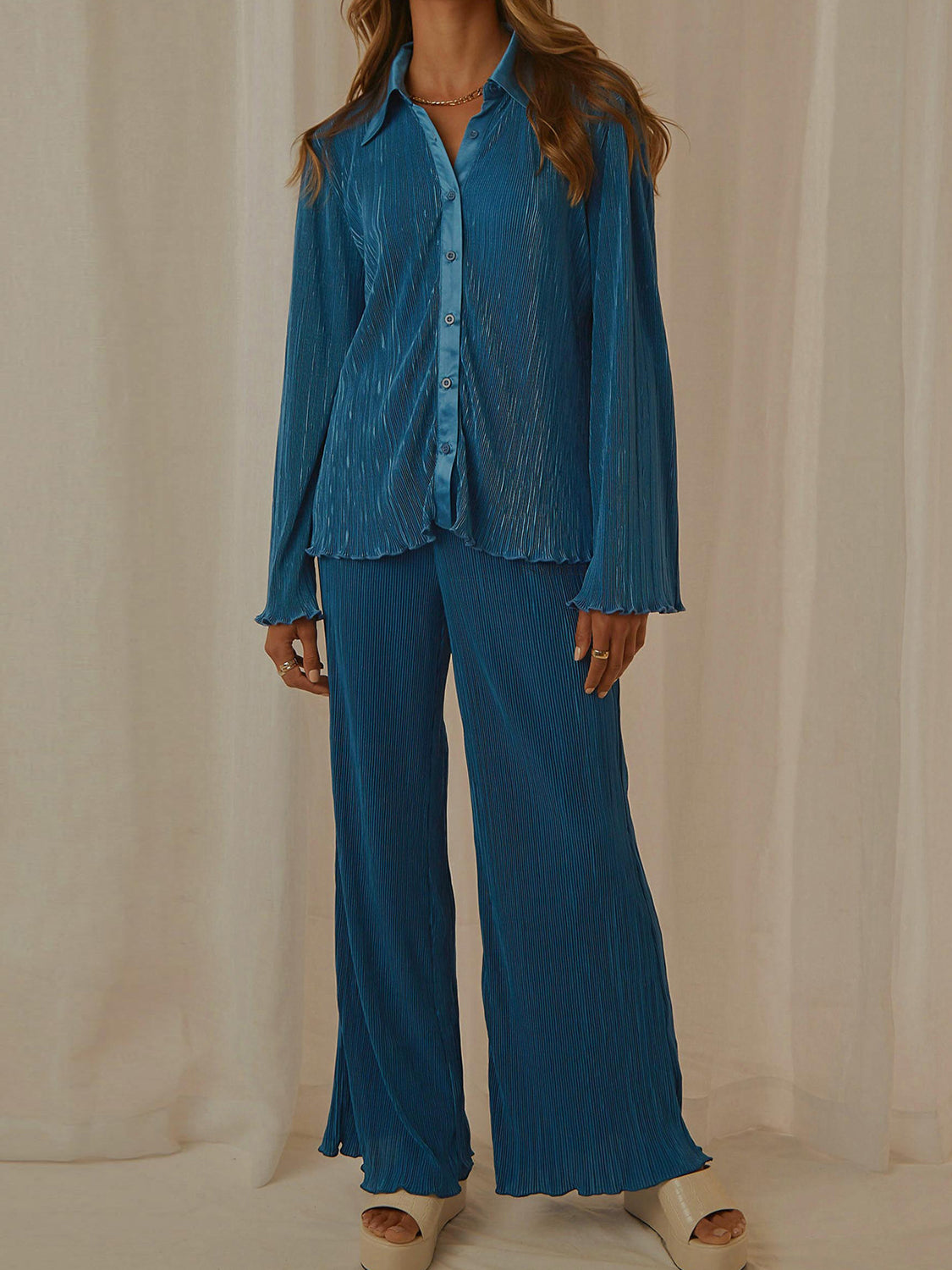 Collared Neck Long Sleeve Top and Pants Lounge Set - Celeste    