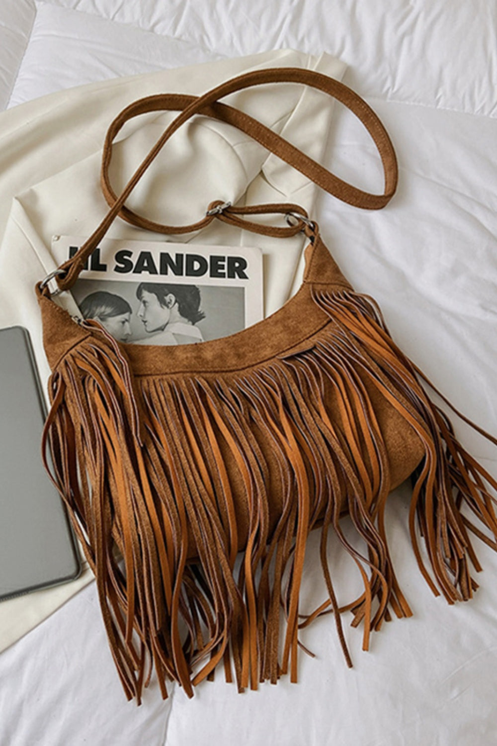 Suede Fringe Adjustable Strap Shoulder Bag - Celeste    