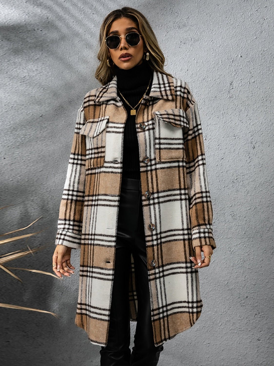 Plaid Collared Neck Long Sleeve Coat - Celeste    