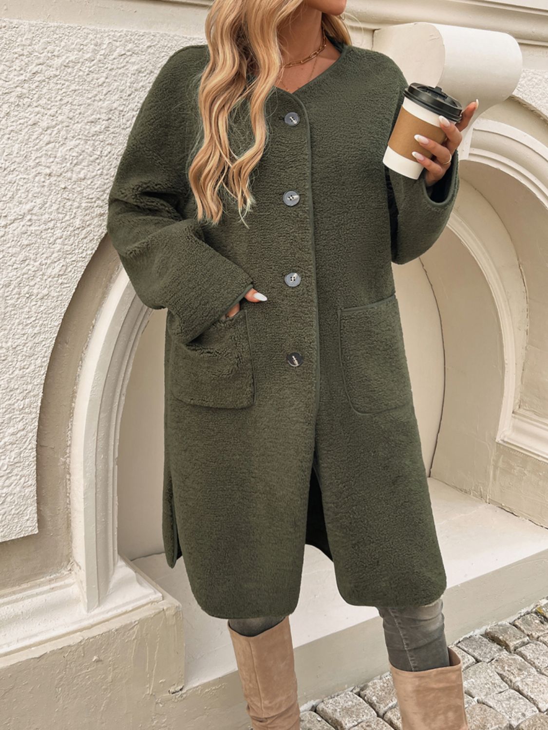 Devine Button Up Long Sleeve Coat - Celeste    