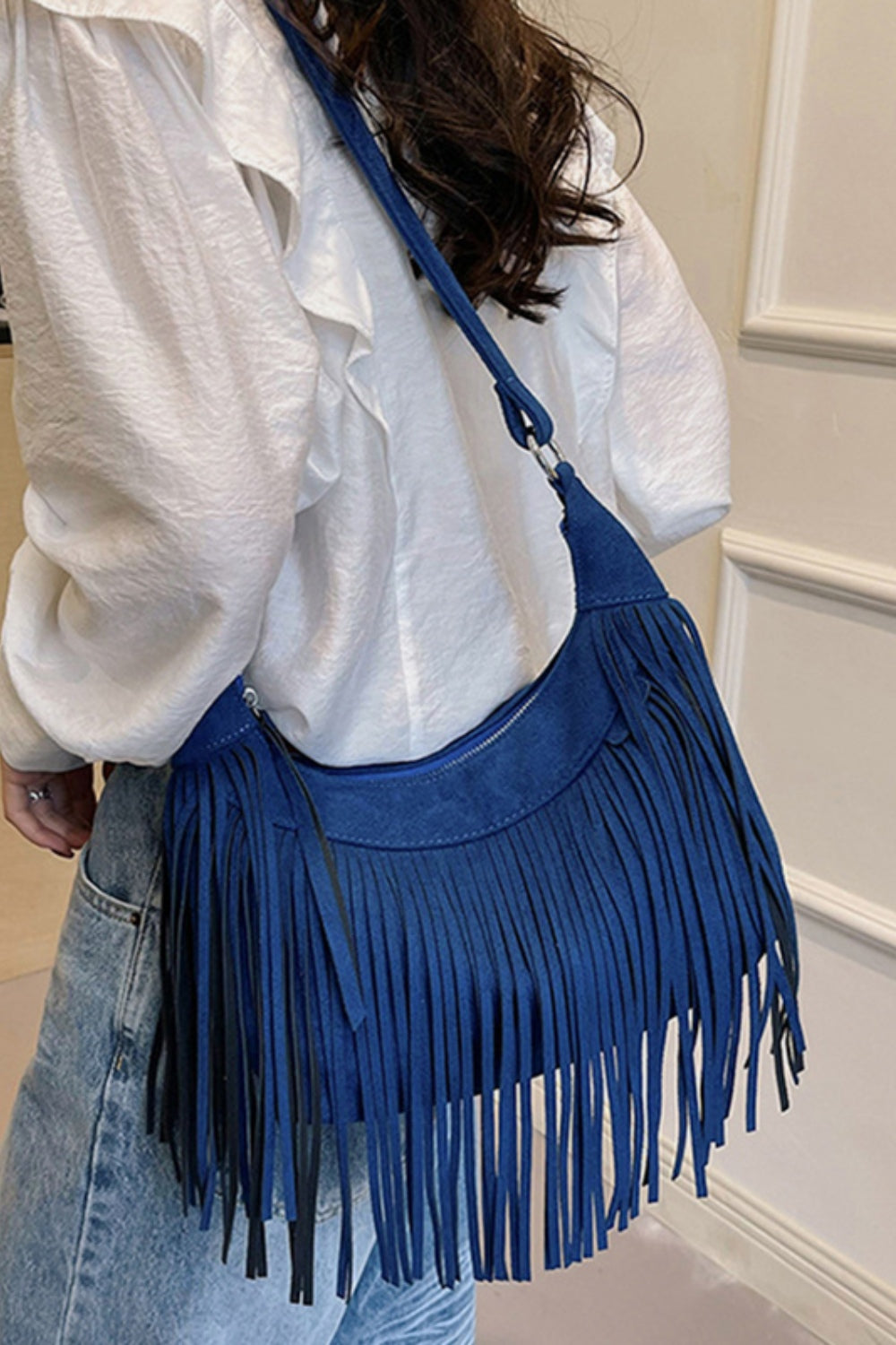 Suede Fringe Adjustable Strap Shoulder Bag - Celeste    