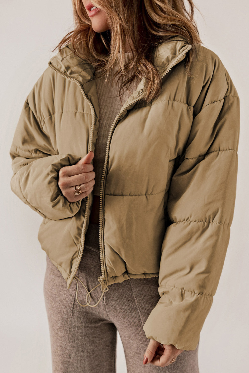 Zip Up Collared Neck Long Sleeve Winter Coat - Celeste    