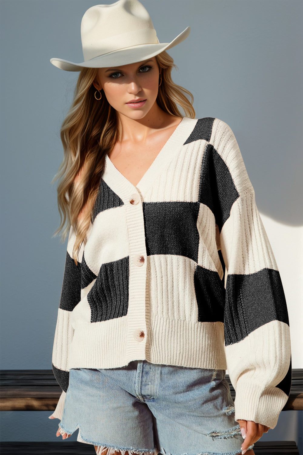 Double Take Full Size Checkered Dropped Shoulder Cardigan - Celeste    