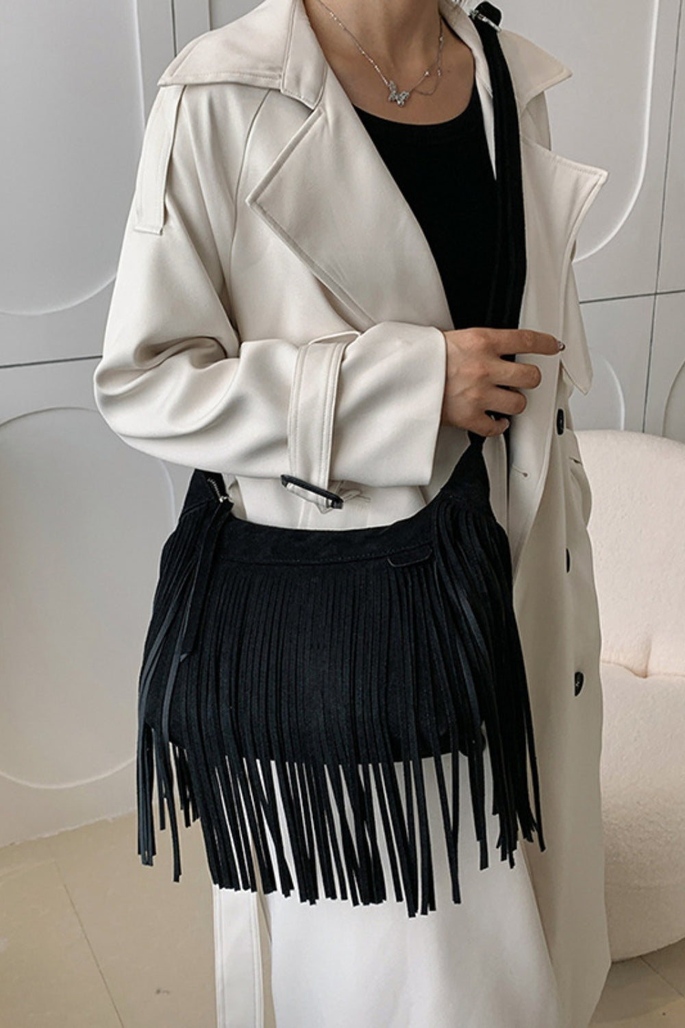 Suede Fringe Adjustable Strap Shoulder Bag - Celeste    