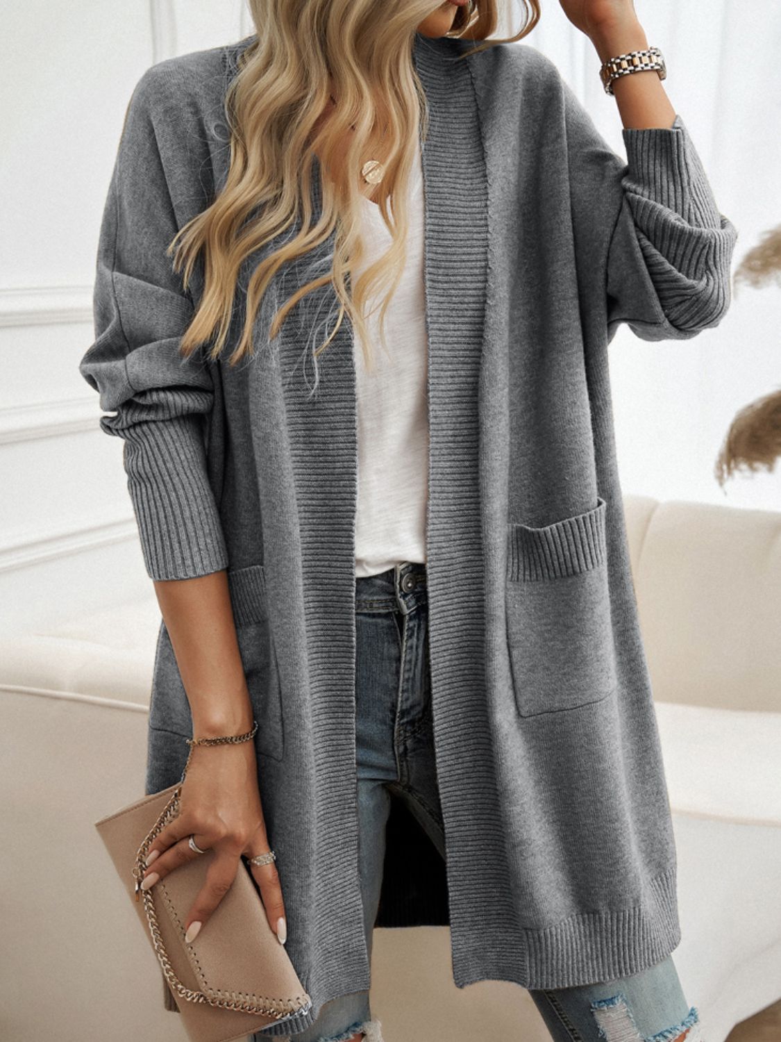 Devine Open Front Long Sleeve Cardigan - Celeste    