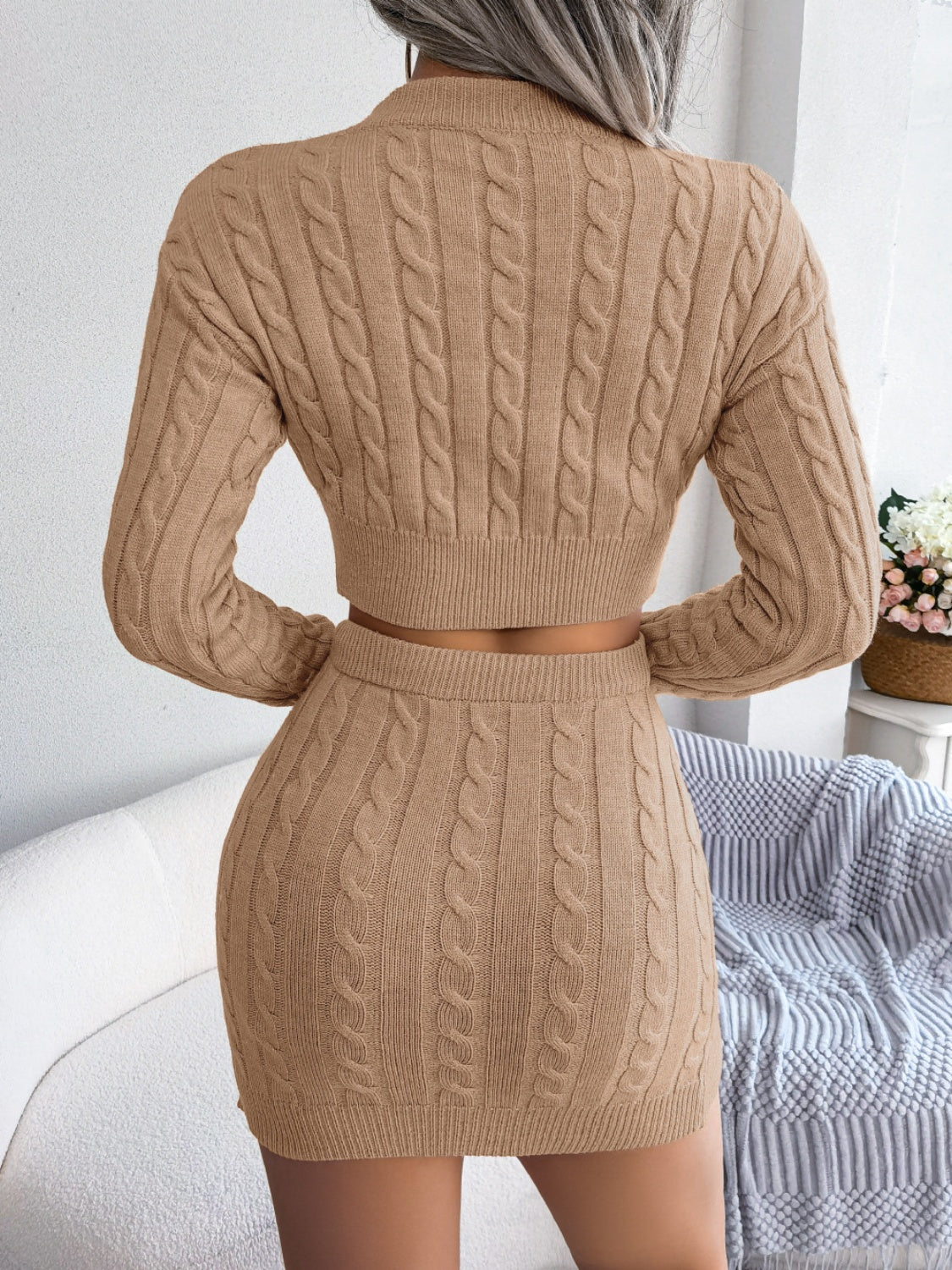 Cable-Knit Round Neck Top and Skirt Sweater Set - Celeste    
