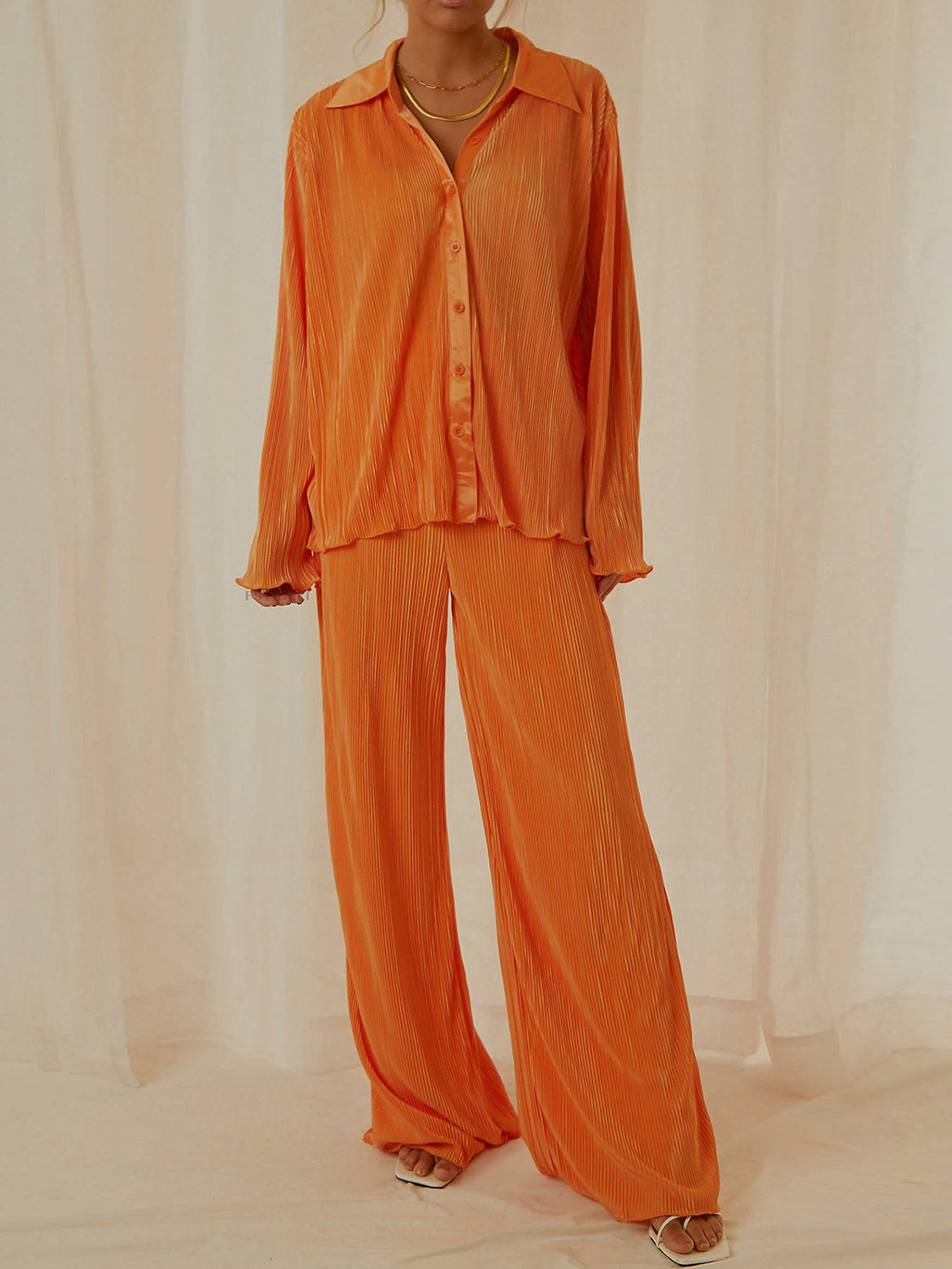 Collared Neck Long Sleeve Top and Pants Lounge Set - Celeste    